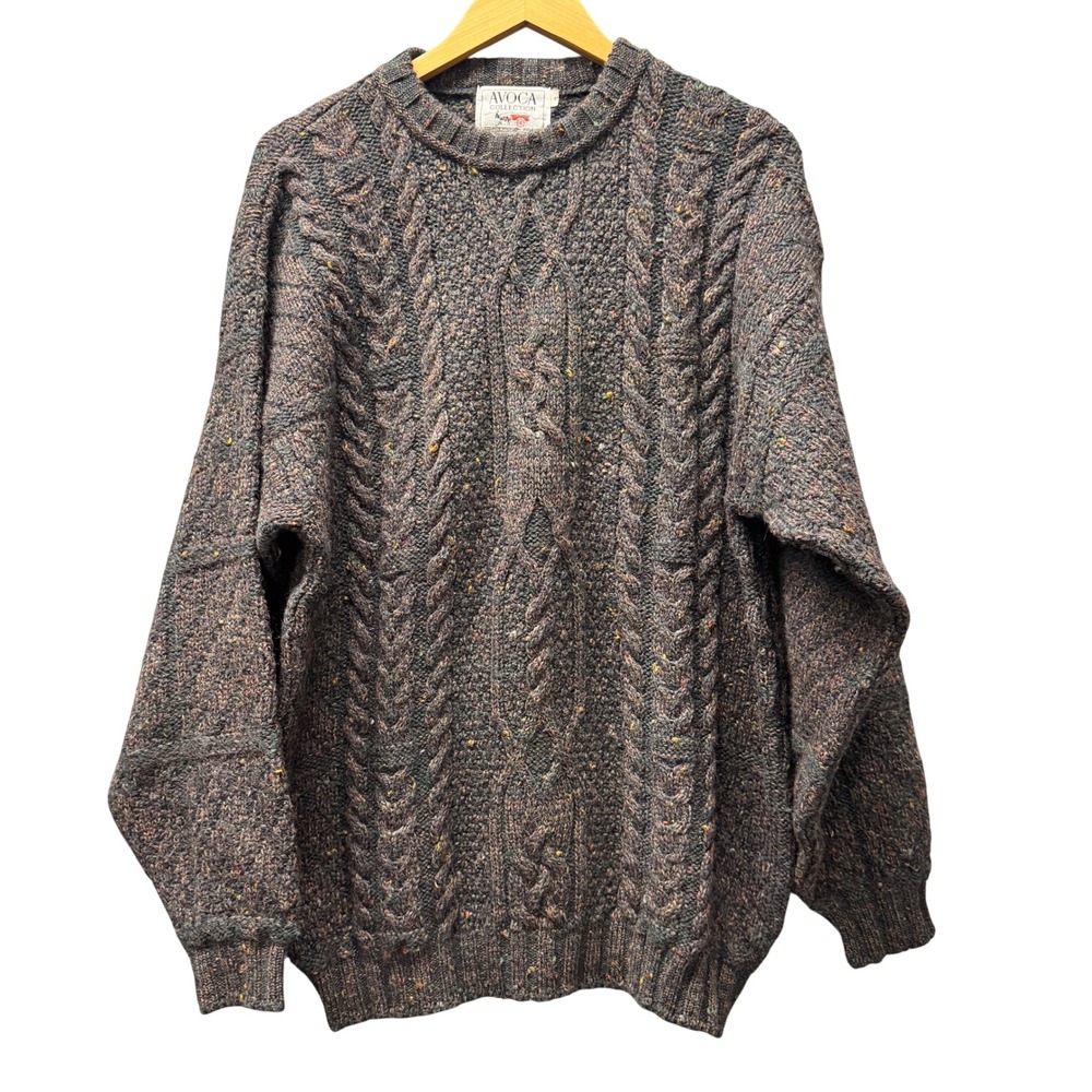 Avoca‎ Collection Sweater Womens Medium Cable Knit Wool Gray Multi Ireland VTG